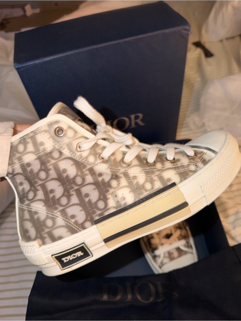Dior Beige and White Dior Oblique high-Top Sneakers - Picture 2 of 7